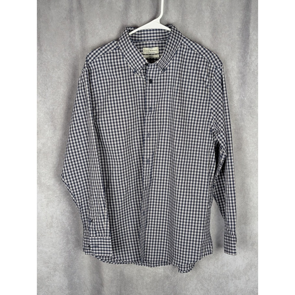 Lucky Brand Mens Slim Fit Gingham Check Button Shirt Navy Blue White Large C63